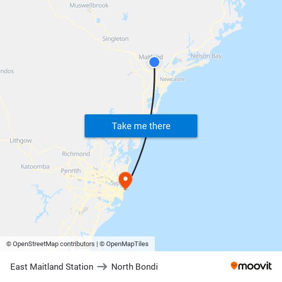 East Maitland Station to North Bondi map