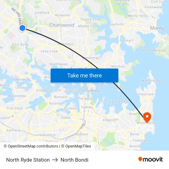 North Ryde Station to North Bondi map