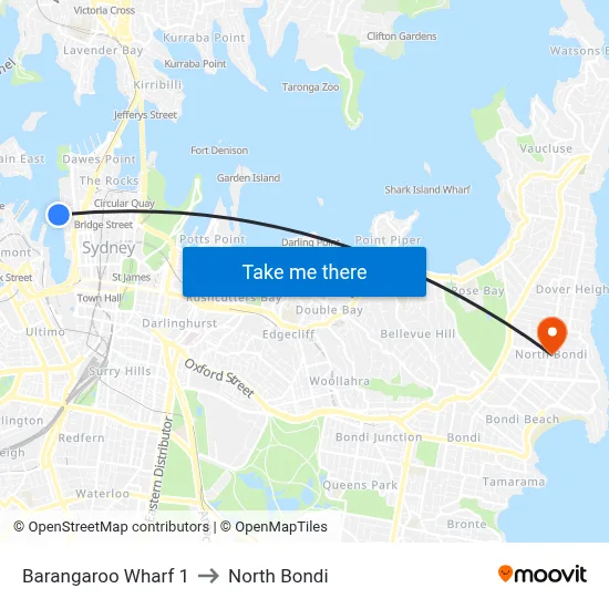 Barangaroo Wharf 1 to North Bondi map