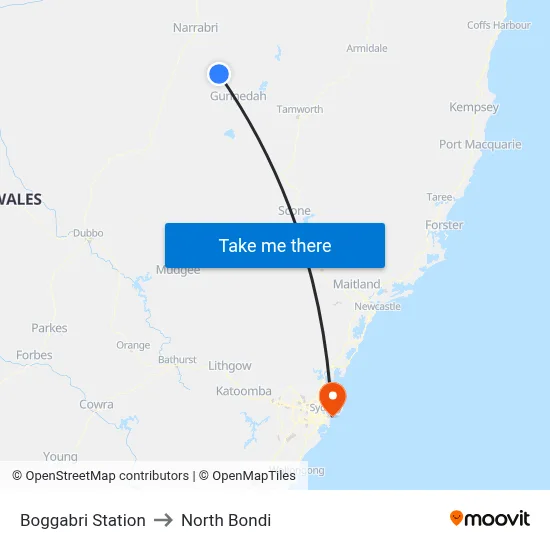 Boggabri Station to North Bondi map