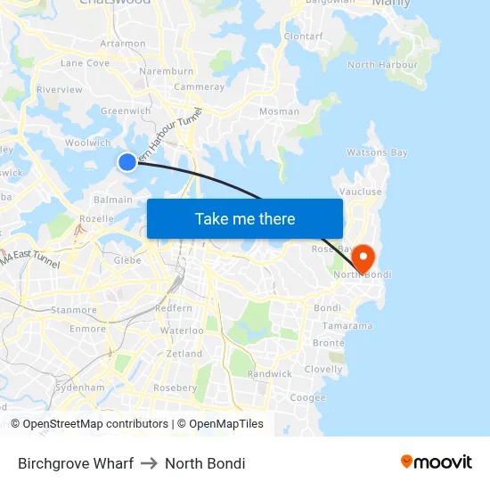 Birchgrove Wharf to North Bondi map