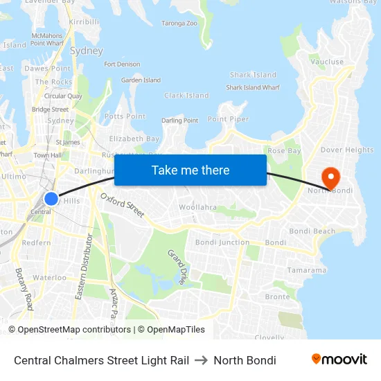 Central Chalmers Street Light Rail to North Bondi map