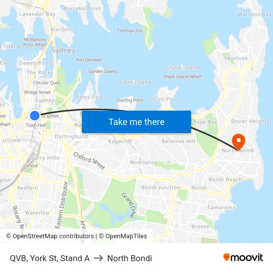 QVB, York St, Stand A to North Bondi map