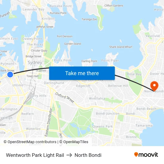 Wentworth Park Light Rail to North Bondi map