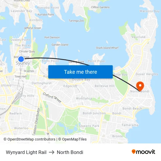 Wynyard Light Rail to North Bondi map