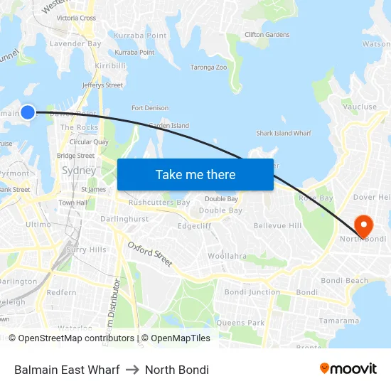 Balmain East Wharf to North Bondi map