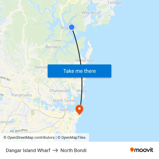 Dangar Island Wharf to North Bondi map