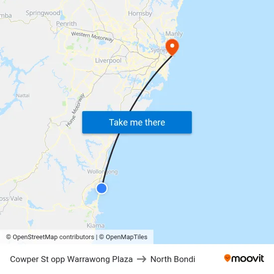 Cowper St opp Warrawong Plaza to North Bondi map