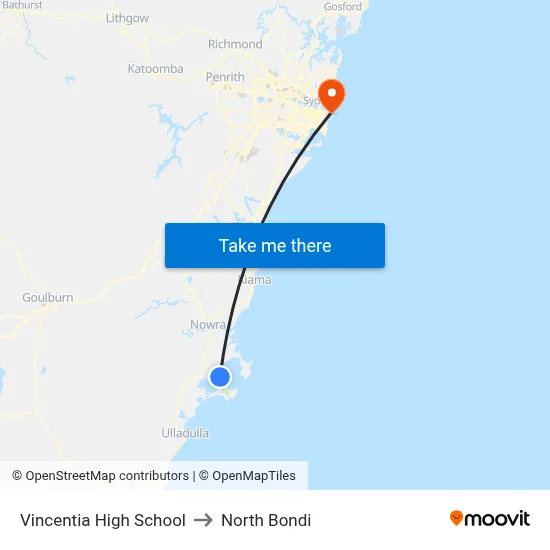 Vincentia High School to North Bondi map