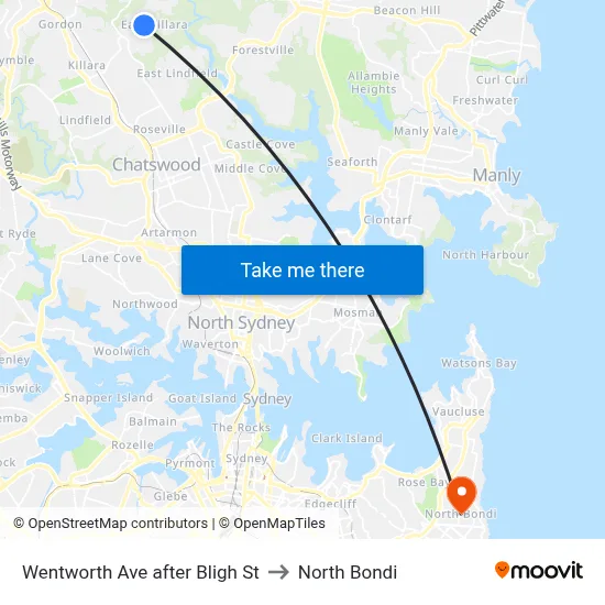 Wentworth Ave after Bligh St to North Bondi map