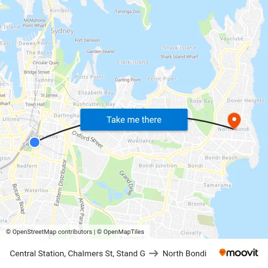 Central Station, Chalmers St, Stand G to North Bondi map