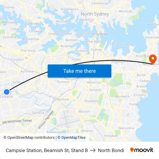 Campsie Station, Beamish St, Stand B to North Bondi map