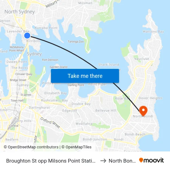 Broughton St opp Milsons Point Station to North Bondi map