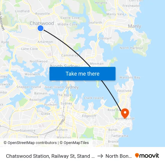 Chatswood Station, Railway St, Stand H to North Bondi map