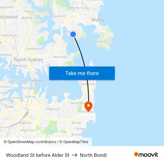 Woodland St before Alder St to North Bondi map