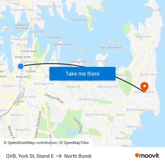 QVB, York St, Stand E to North Bondi map