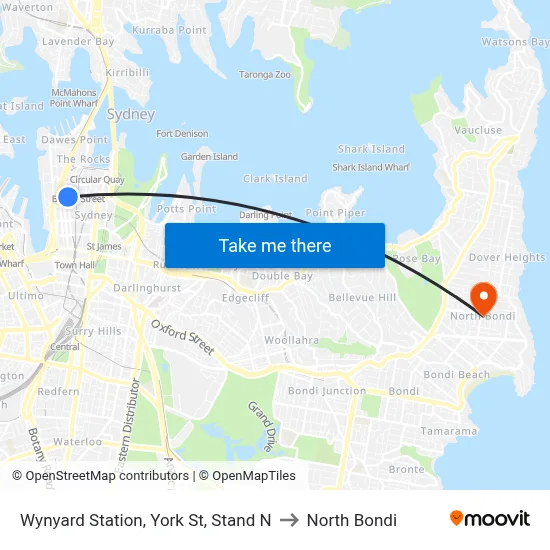Wynyard Station, York St, Stand N to North Bondi map