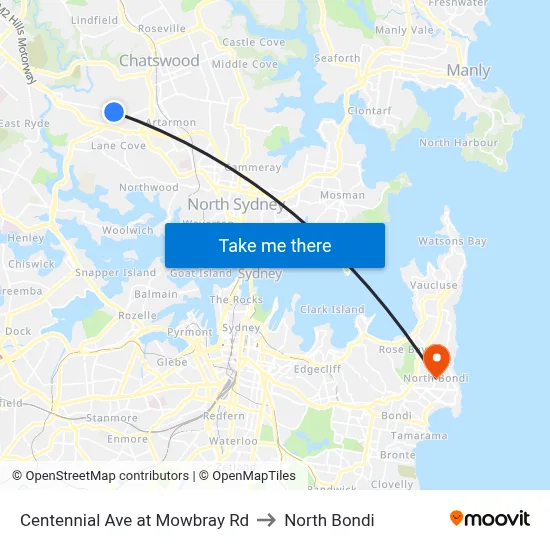 Centennial Ave at Mowbray Rd to North Bondi map