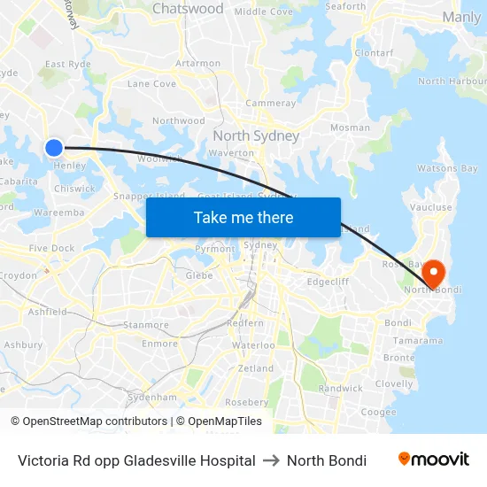 Victoria Rd opp Gladesville Hospital to North Bondi map