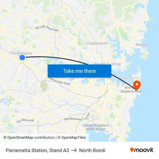 Parramatta Station, Stand A3 to North Bondi map