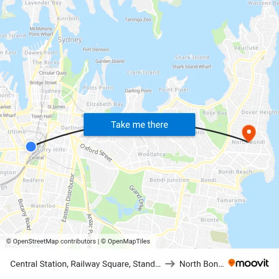 Central Station, Railway Square, Stand M to North Bondi map