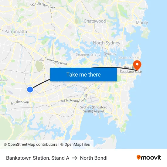Bankstown Station, Stand A to North Bondi map