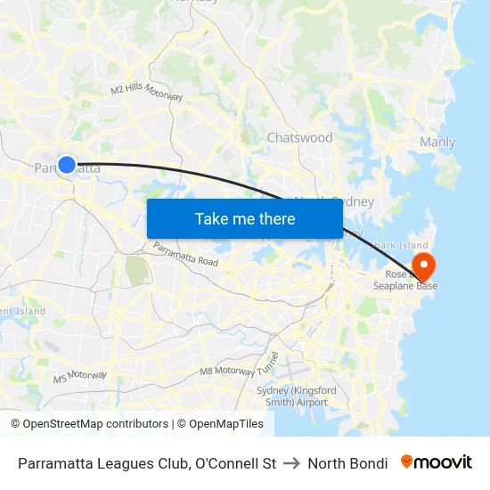 Parramatta Leagues Club, O'Connell St to North Bondi map