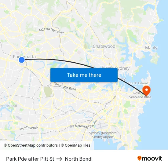 Park Pde after Pitt St to North Bondi map