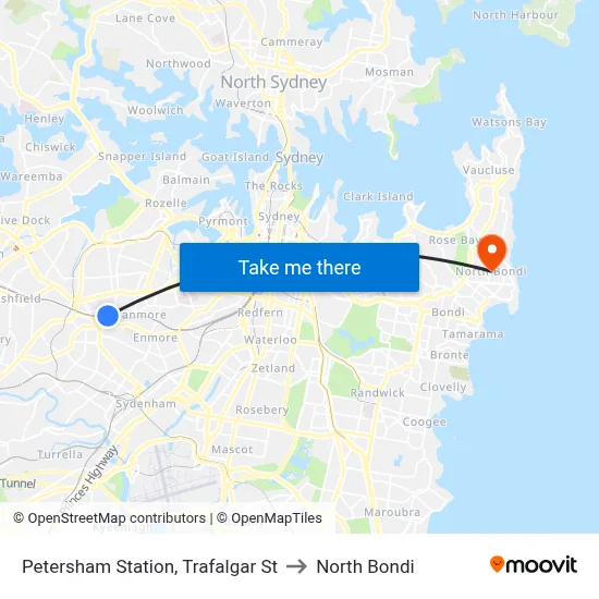 Petersham Station, Trafalgar St to North Bondi map