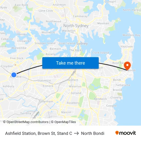 Ashfield Station, Brown St, Stand C to North Bondi map