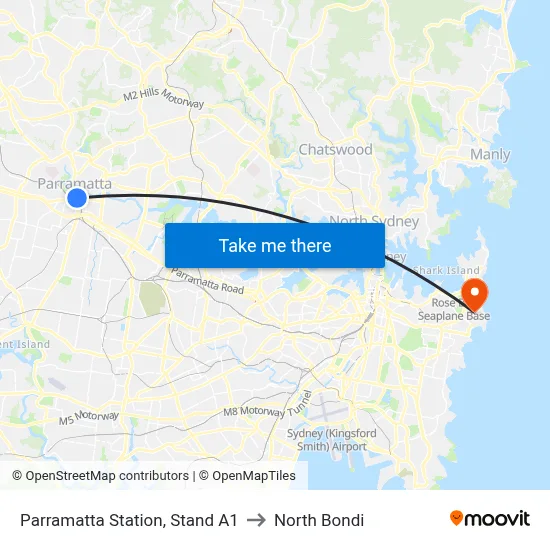 Parramatta Station, Stand A1 to North Bondi map