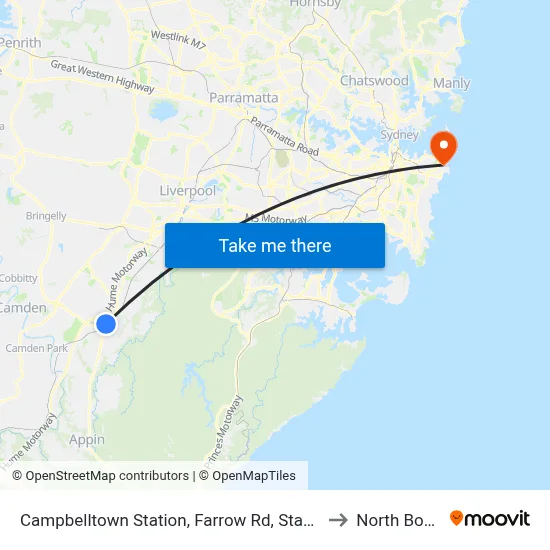 Campbelltown Station, Farrow Rd, Stand H to North Bondi map