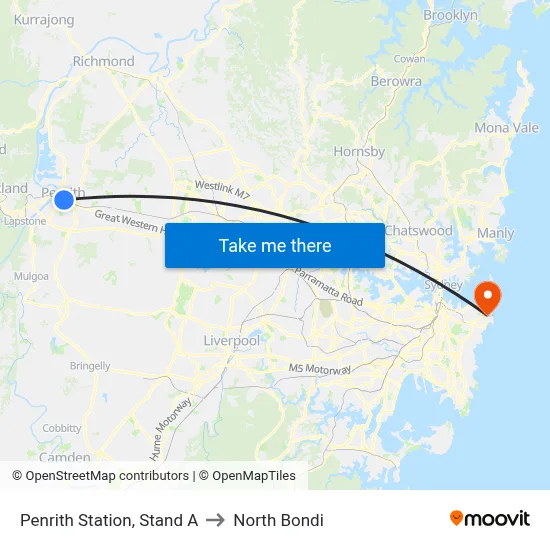 Penrith Station, Stand A to North Bondi map