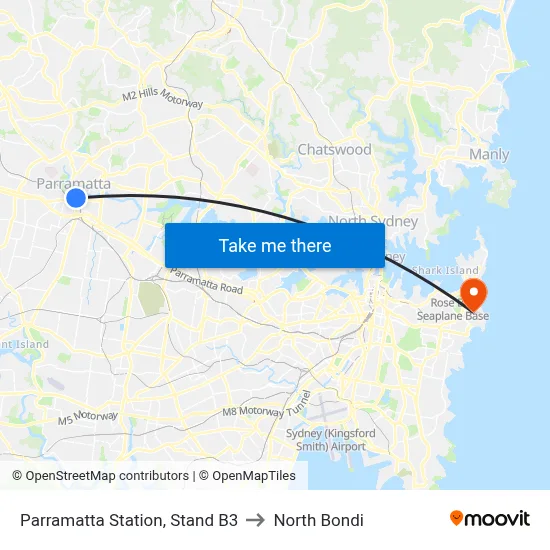 Parramatta Station, Stand B3 to North Bondi map