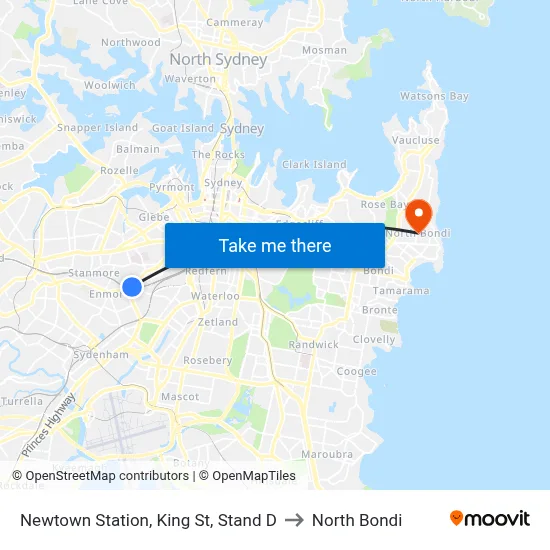 Newtown Station, King St, Stand D to North Bondi map