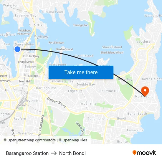 Barangaroo Station to North Bondi map