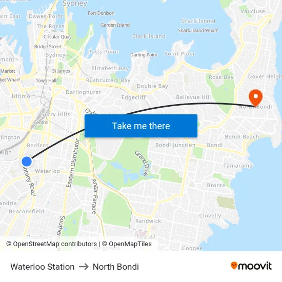 Waterloo Station to North Bondi map
