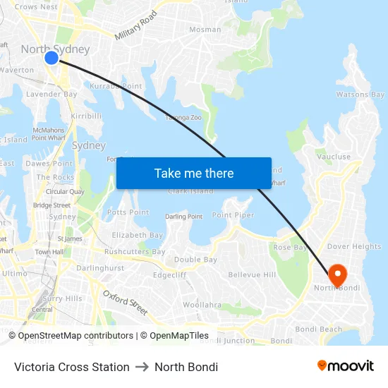 Victoria Cross Station to North Bondi map