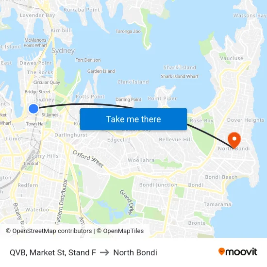QVB, Market St, Stand F to North Bondi map