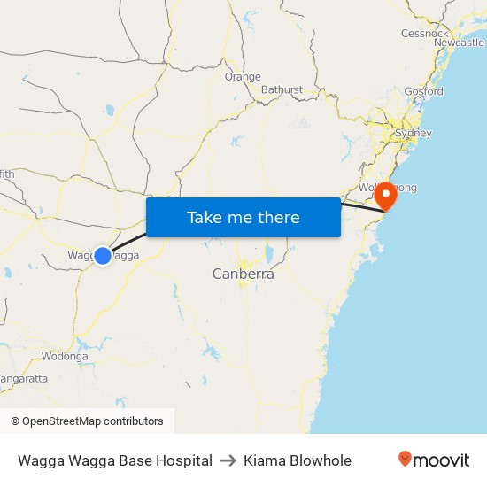 Wagga Wagga Base Hospital to Kiama Blowhole map