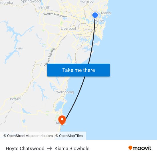 Hoyts Chatswood to Kiama Blowhole map