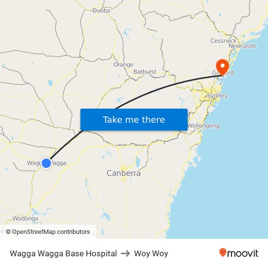 Wagga Wagga Base Hospital to Woy Woy map