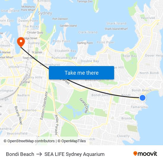 Bondi Beach to SEA LIFE Sydney Aquarium map