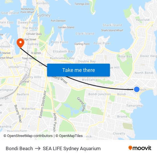 Bondi Beach to SEA LIFE Sydney Aquarium map
