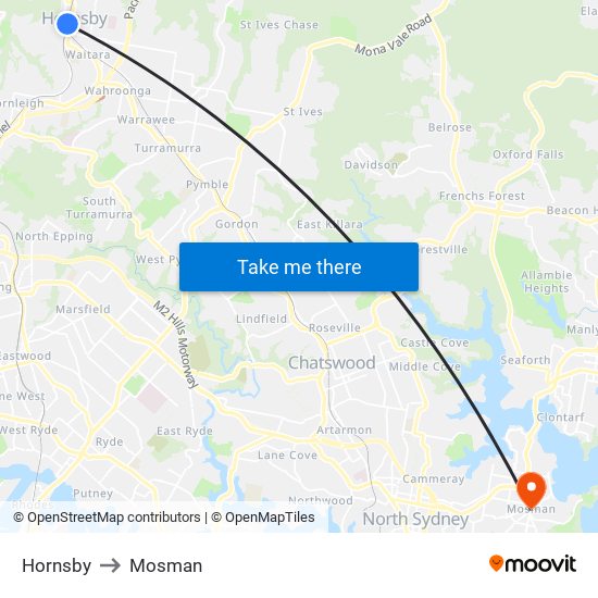 Hornsby to Mosman map