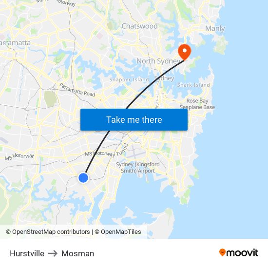 Hurstville to Mosman map