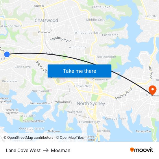 Lane Cove West to Mosman map