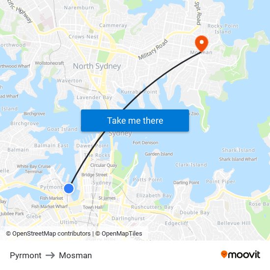 Pyrmont to Mosman map