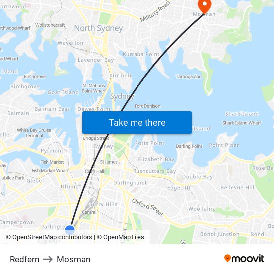 Redfern to Mosman map