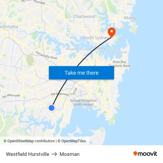 Westfield Hurstville to Mosman map